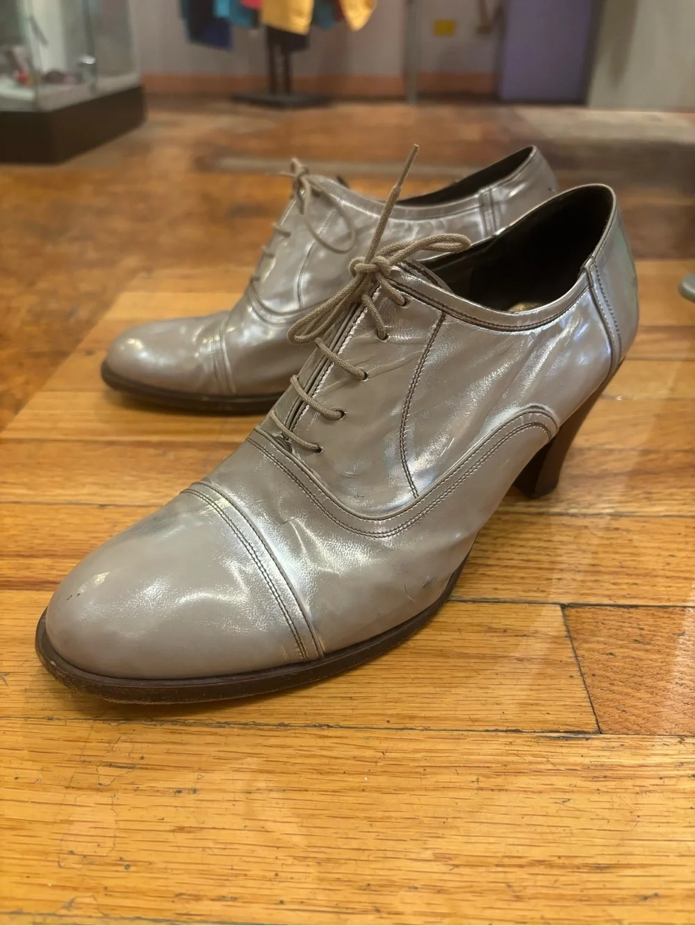 Dries Van Noten Silver Metallic Grey Lace-Up Heeled Oxfords